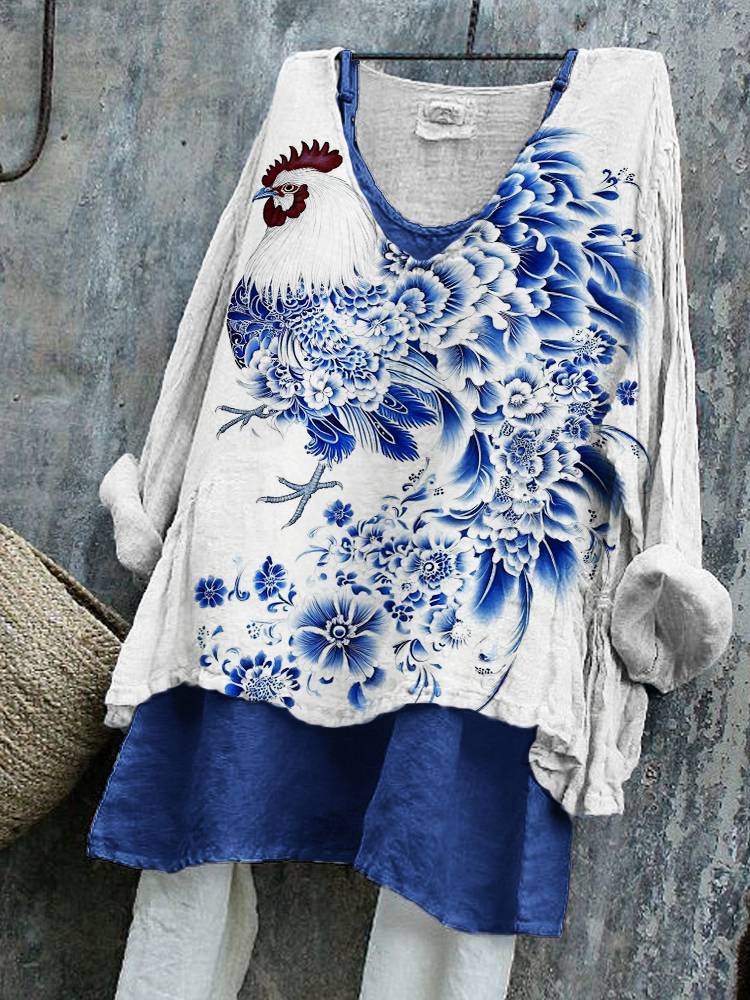 Japanese Floral Rooster Art Linen Tunic wearshes