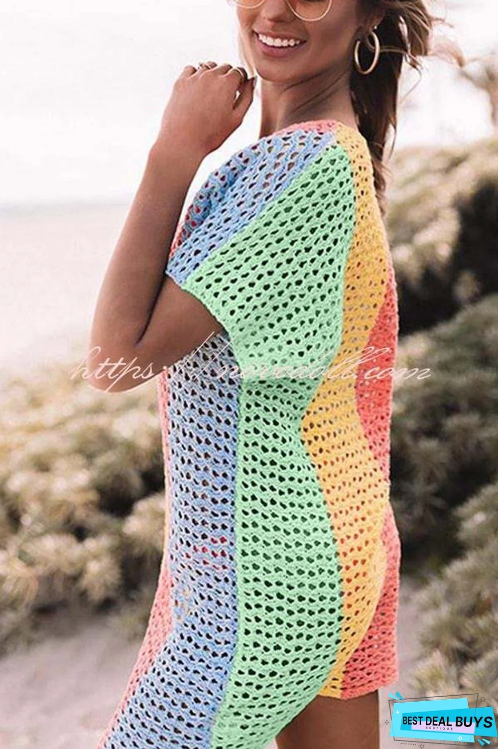 Ocean Whimsy Colorblock Crochet Cover Up Dress