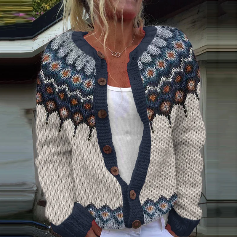 Retro Icelandic Pattern Knitted Button Cozy Sweater