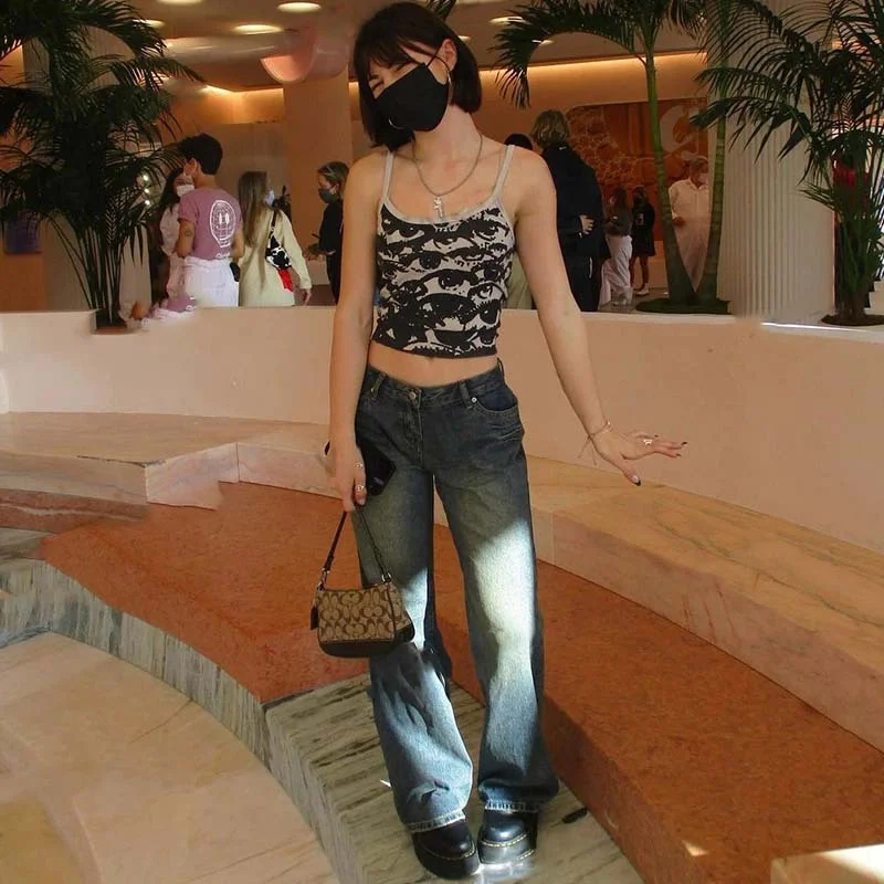 Churchf Churchf Abstract Eye Print Patchwork Color Sling Small Vest Hot Girl Slim Short Vacation Top