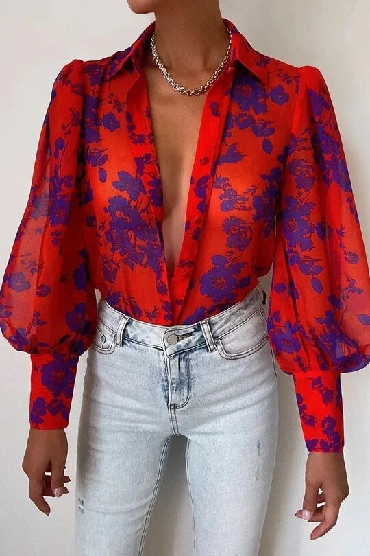 Back to school  Women Elegant Floral Print Puff Long Sleeve V Neck Blouse Spring Summer Office Button Luxury Shirt Vintage Oversized Tops Tunics