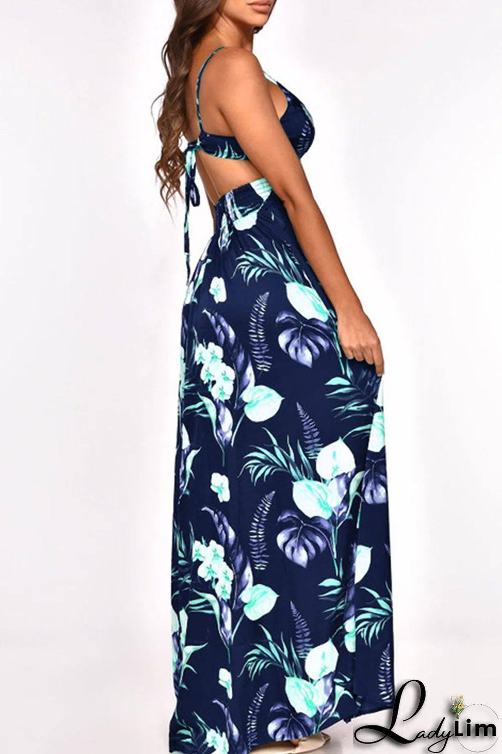 Burgundy Fashion Sexy Print Bandage Backless Slit Spaghetti Strap Long Dress Dresses