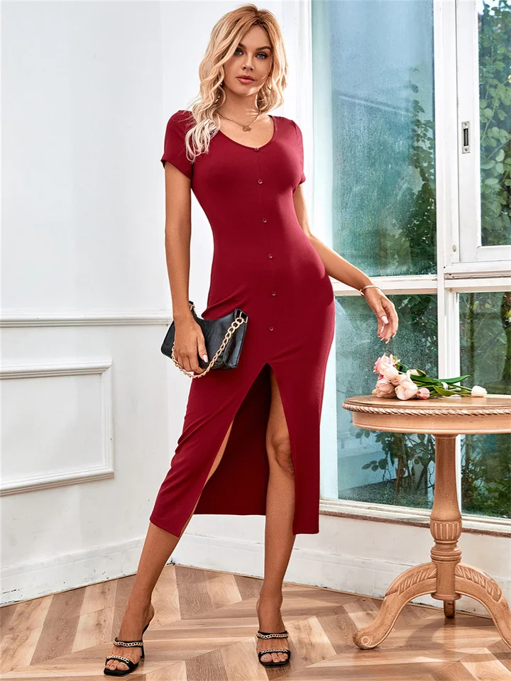 New Solid Color Women's Sexy V-neck Slim Open Knit Mid-length Dress Button Set Head Commuter One Step Dress Temperament Elegant Dress | 168DEAL