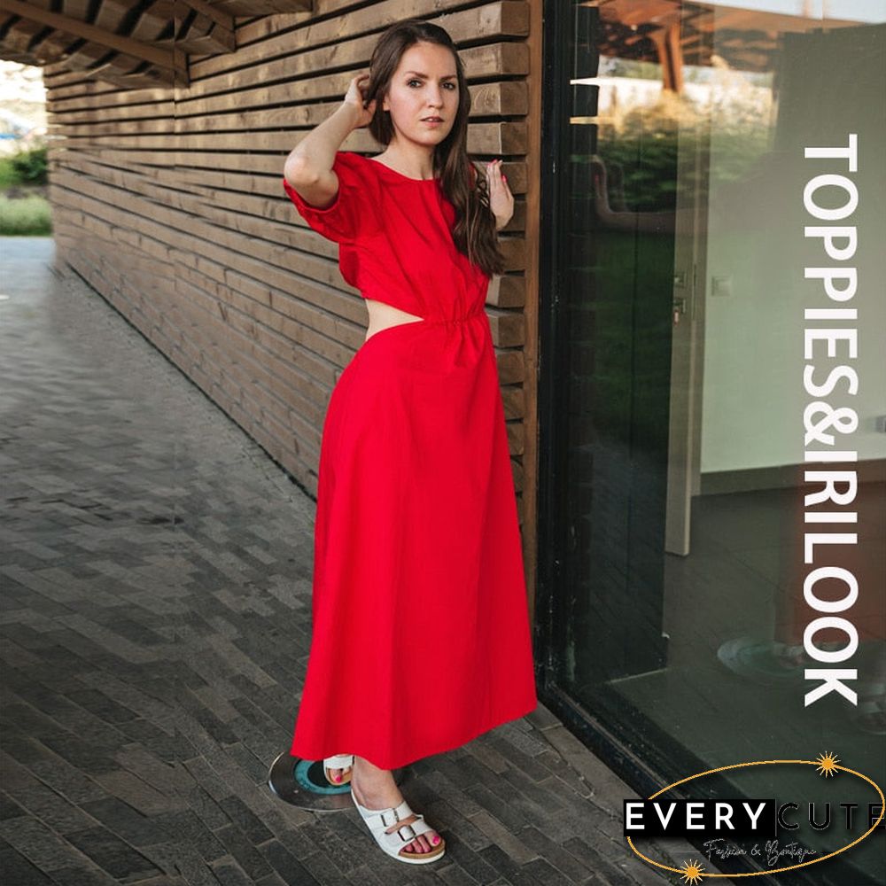 Toppies Summer Dress Sexy Hollow Out Backless Midi Dress Puff Sleeve Vacation Beach Dress