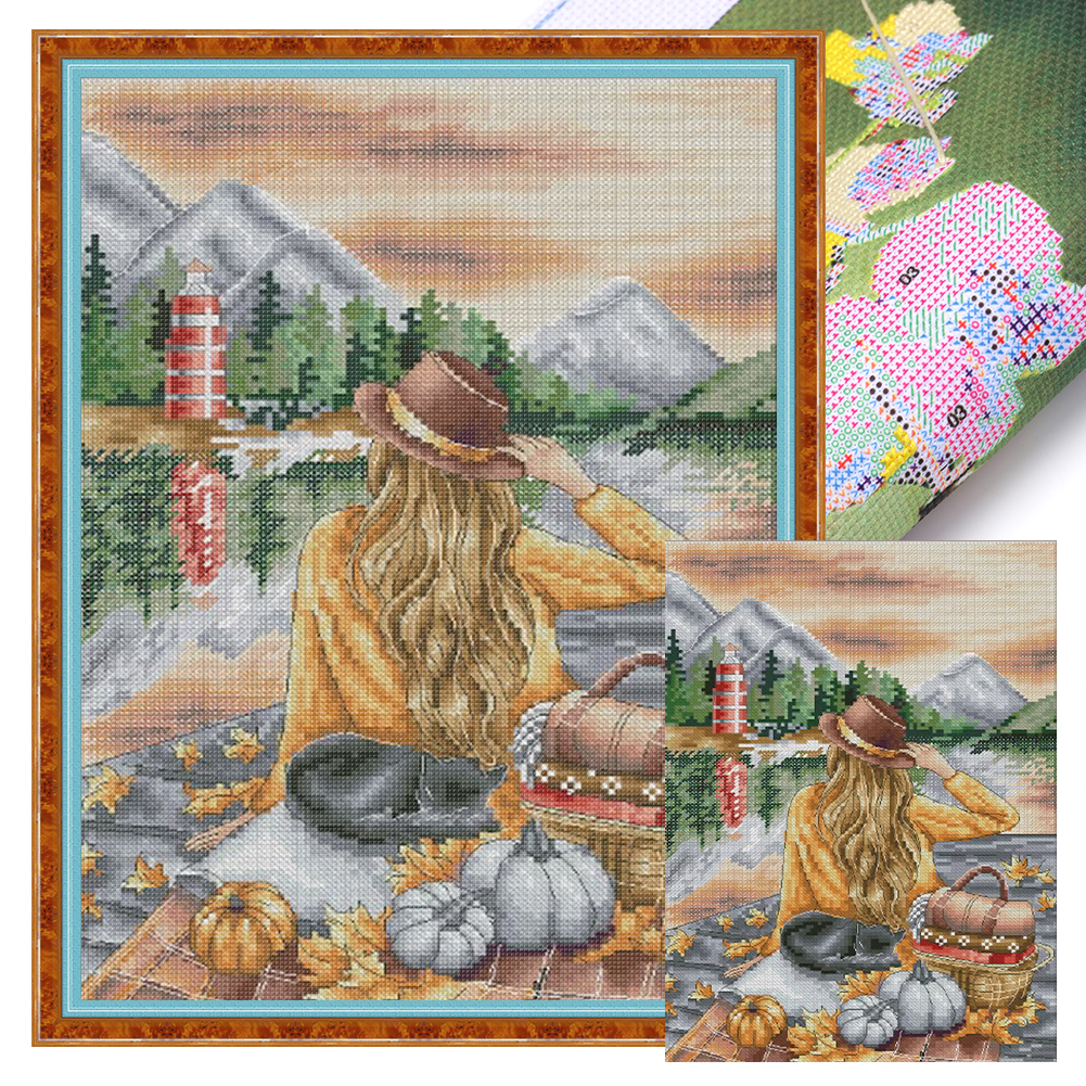 【Xiaobai Brand】Autumn Back Girl Full 14CT Pre-stamped Canvas(29*37cm) 52 Colors Cross Stitch