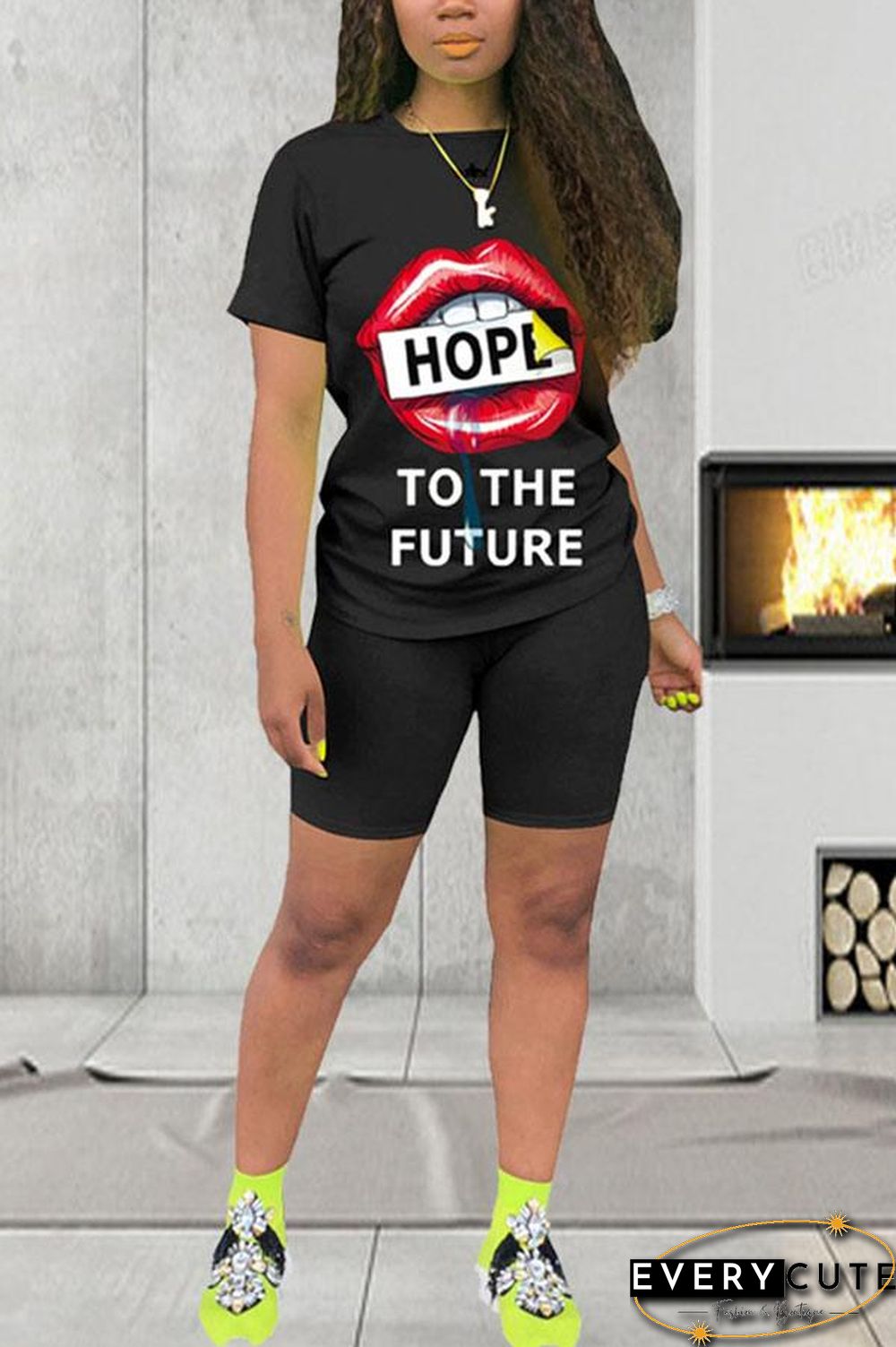 Casual Lips Printed Short Sleeve T-Shirt Set