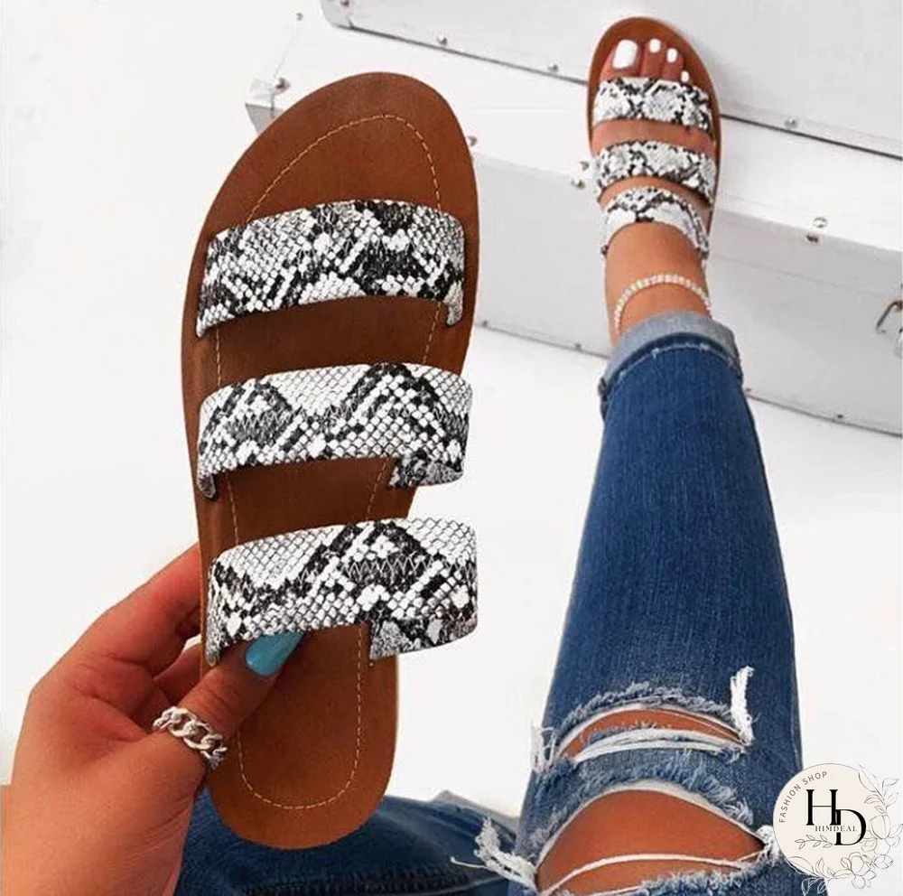 Hot Style European And American Large Size Sandals Snake Print Flat Slippers Women Shoes Casual Shoes