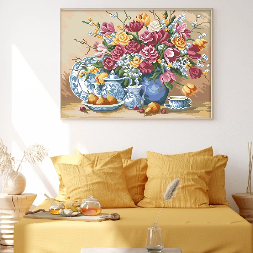 9CT Full Stamped Cross Stitch Bead Embroidery- Flower(Canvas|51*40CM)