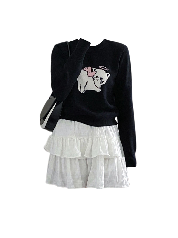 Vintage Cartoon Animal Print O-Neck Sweaters Women Korean Black Gothic Knitted Pullover Casual Baggy Jumper Gyaru High Street