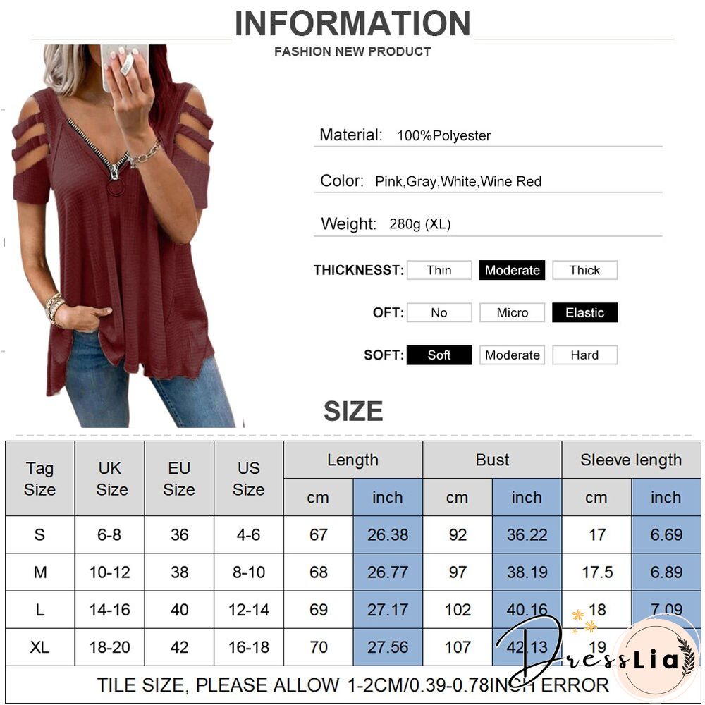 Summer Hollow Out Short Sleeve T-Shirts Women Sexy Zipper V-Neck Casual Ladies Tops Fashion Female Streetwear Blouse Tee D30