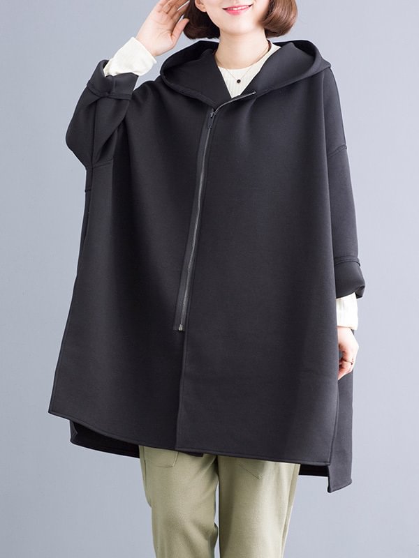 Casual Loose Solid Color Zipper Hooded Batwing Sleeves Outwear