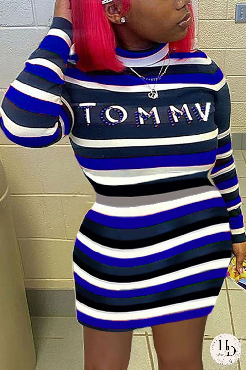 Blue Fashion Casual Striped Print Letter Turtleneck Printed Dress