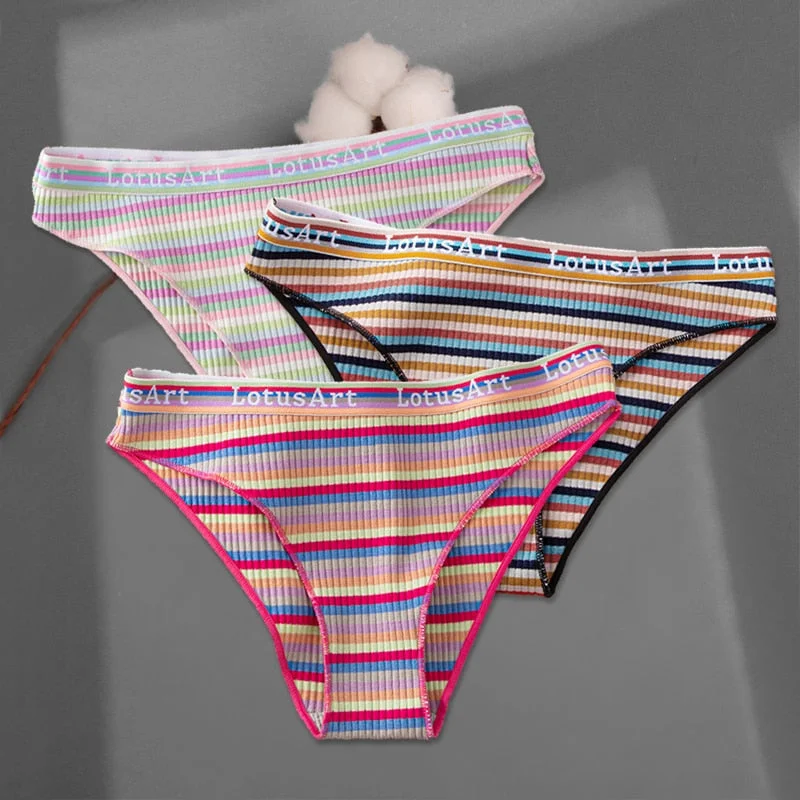 FINETOO 3Pcs/set Colorful Stripes Panties Women's Cotton Briefs M-XL Low-Rise Rainbow Underwear Ladies Underpants Girls Panties