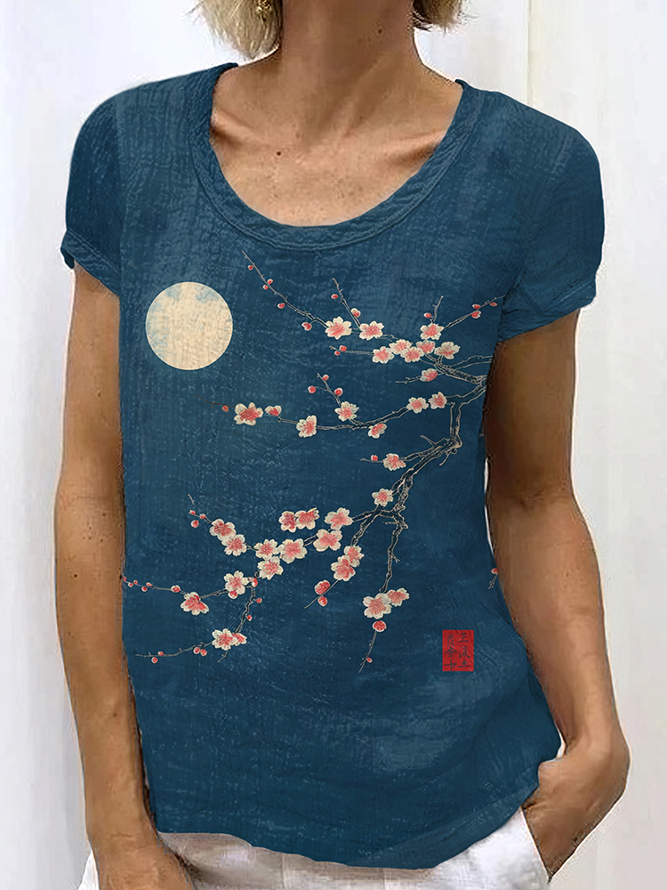 Comstylish Retro Japanese Ink Floral Moon Art Painting Linen Casual T-Shirt