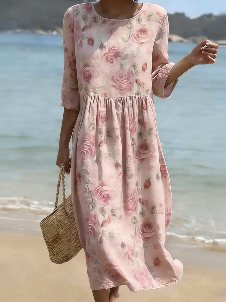 Retro Pink Rose Pattern Women's Linen Dress wearshes