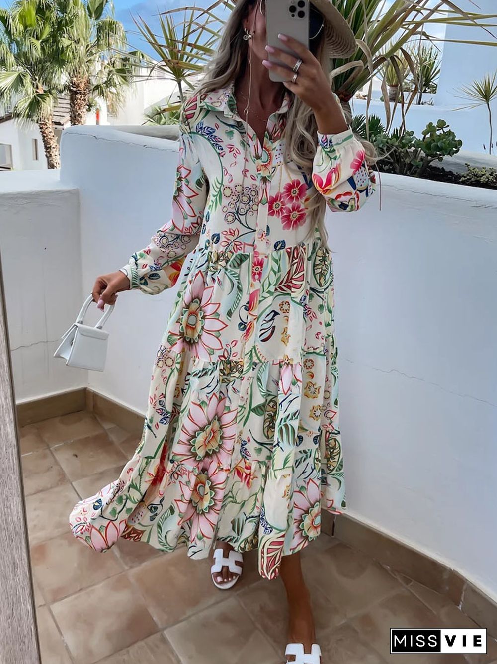 Elegant Floral Print Boho Long Dress Women Sexy Turn-down Collar Button Shirt Dress Spring Summer Loose Pleated Maxi Beach Dress