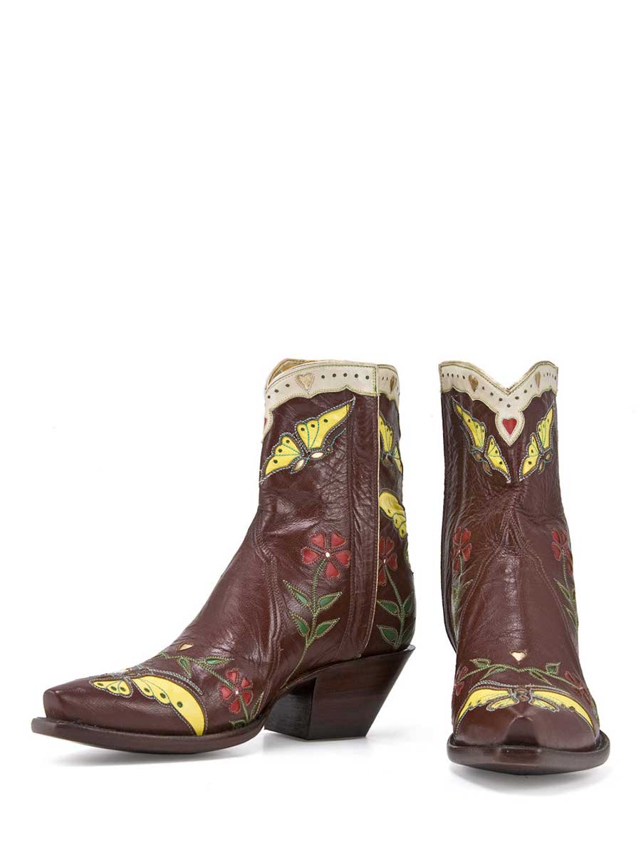 Brown Snip Toe Chunky Heel Floral Yellow Butterfly Inlay Ankle Boots