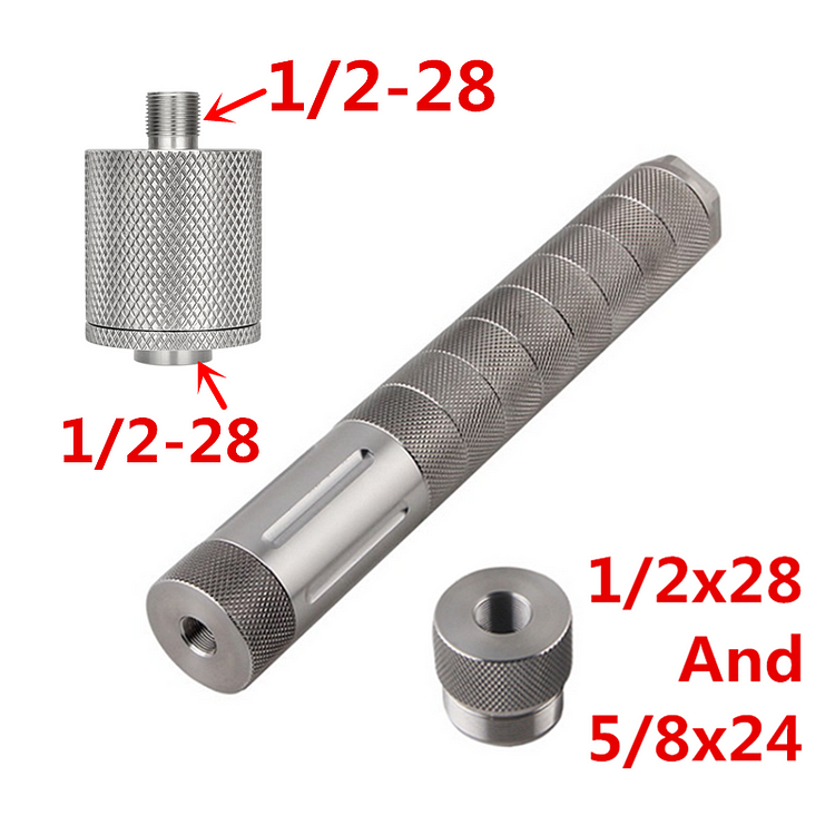  10"L 1.52"OD Stainless Steel Modular Solvent Trap Kit 1.375x24 with 1/2-28 to 1/2-28, 1/2-28 to 13.5x1LH External Recoil Booster