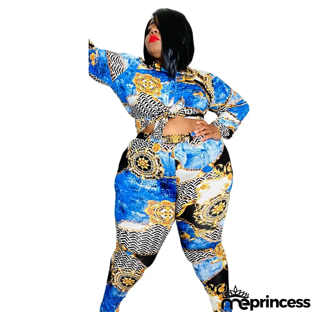 Plus Size Women Vintage Printed Long Sleeve Shirt + Pants Two-Piece Set