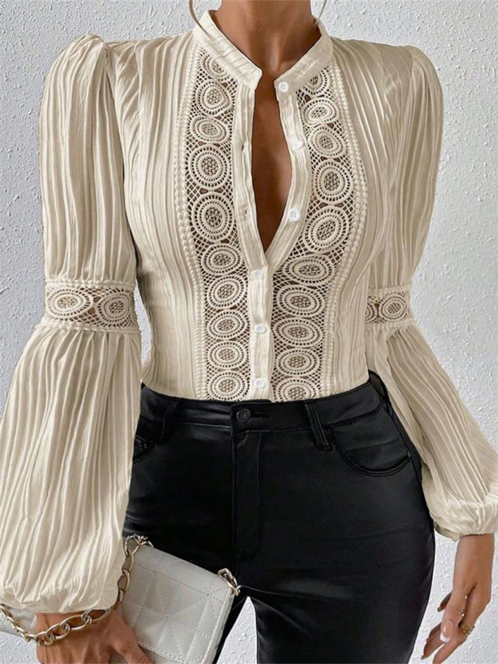 Spring Women's New Fashion Lace Lantern Long-sleeved Solid-color Stand-up Collar Shirts-JRSEE