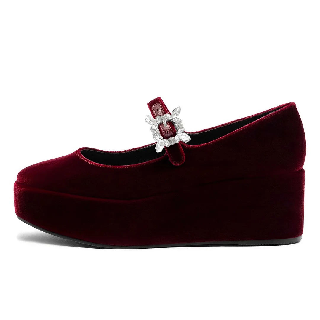 Maroon Velvet Rhinestone Buckle Strap Mary Jane Pumps with Wedge Heel
