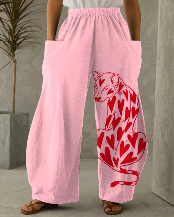 Women's Loose Pink Leopard Casual Wide-leg Pants socialshop