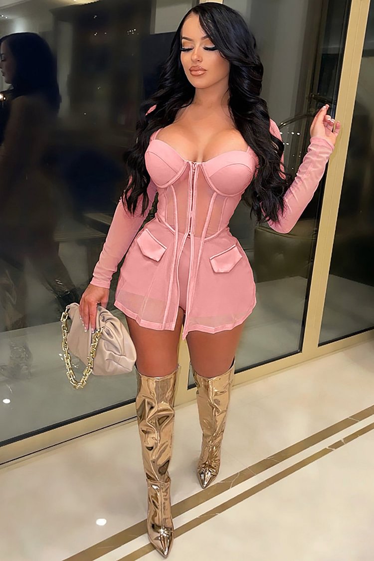Patchwork See Through Corset Long Sleeve Jacket Slim Shorts Matching Set