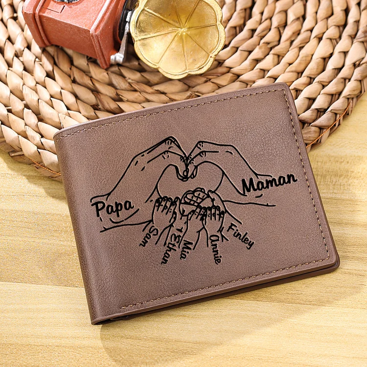 7 Names-Personalized Leather Mens Wallet Engraved 7 Names And Photo Fist Bump Folding Wallet Set With Gift Card Gift Box Father's Day Gifts