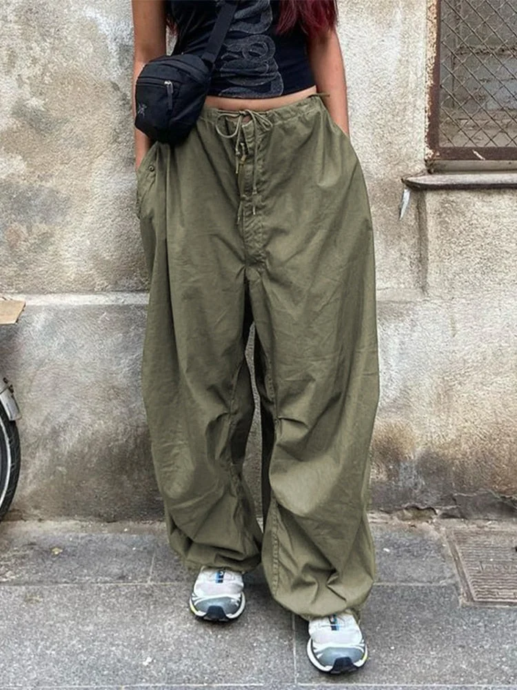 Jacqueline 2022 Drawstring Baggy Y2K Cargo Pants Women Low Waist Sweatpant Trousers Vintage Street Pockets Wide Leg Joggers Pant