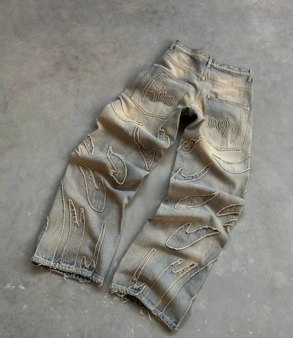 Coasfe Y2K Wide Leg Pants – Retro Harajuku Distressed Jeans for Men  