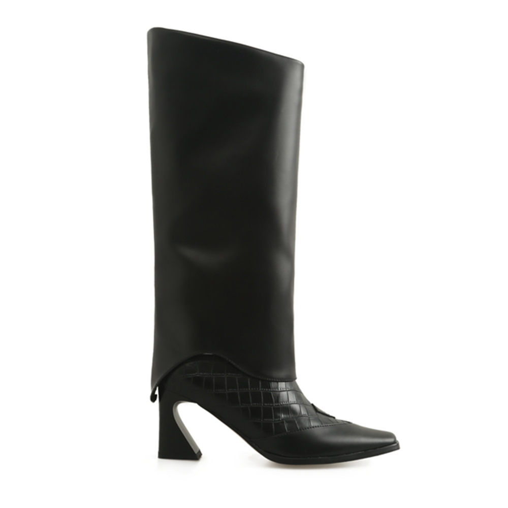 70mm Shaped Heel Square Toe Boots Black-vocosishoes