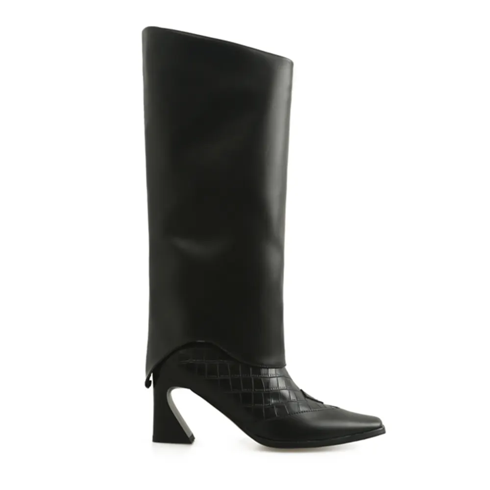 70mm Shaped Heel Square Toe Boots Black-vocosishoes