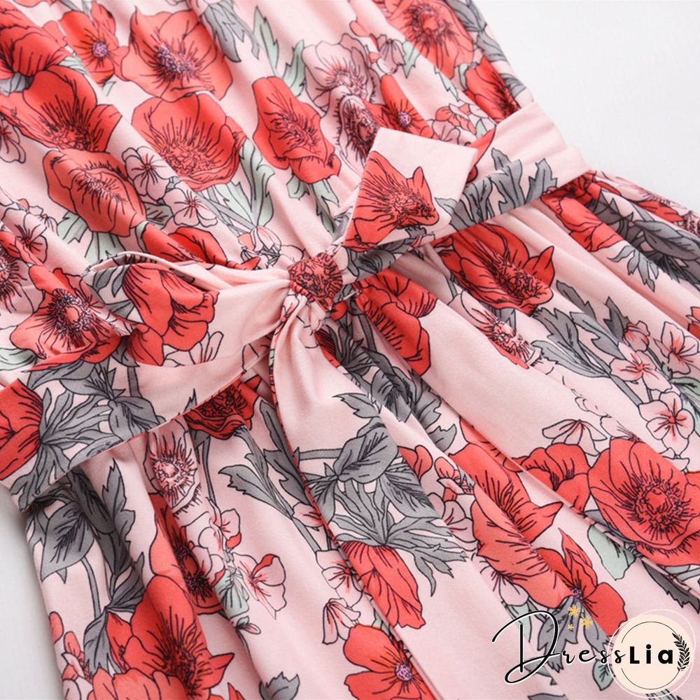 Adjustable Spaghetti Strap Floral Tie Front Sleeveless Maxi Dress