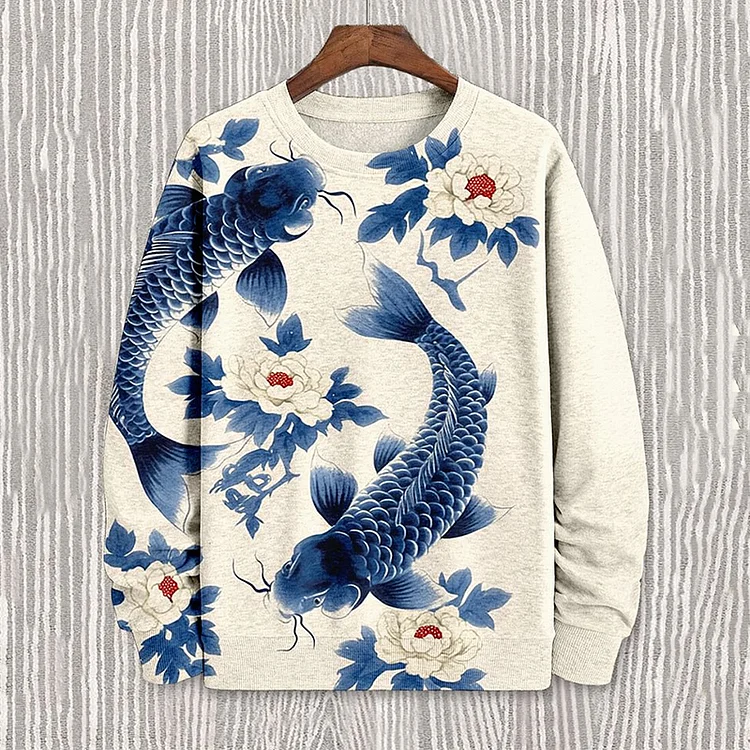 Men's Delft Blue Koi Fish Floral Print Casual Sweatshirt
