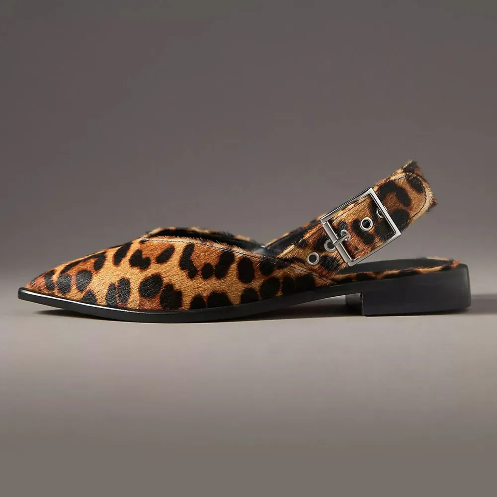 Women's Brown Calf Hair Pointed Toe Furry Slingback Leopard Flats