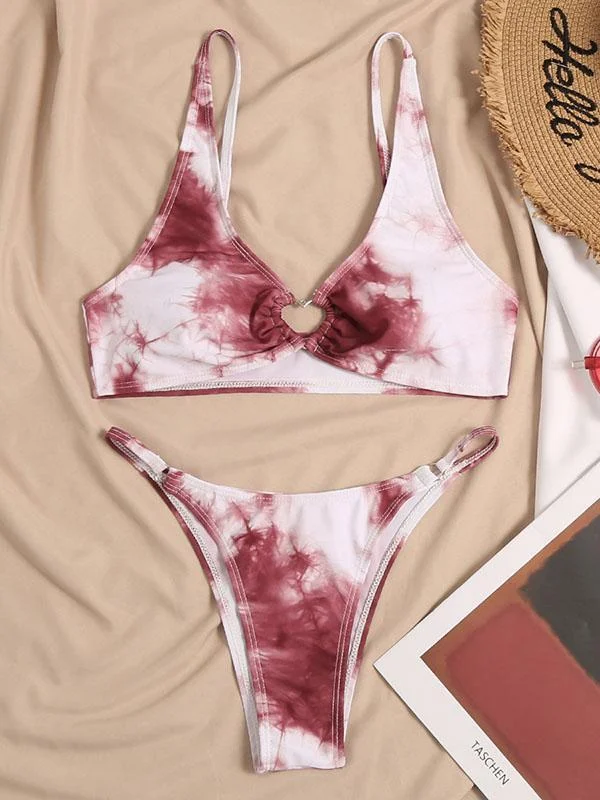 Tie-Dyed Printed Embellished Deep V-Neck Split Bikini Swimsuit