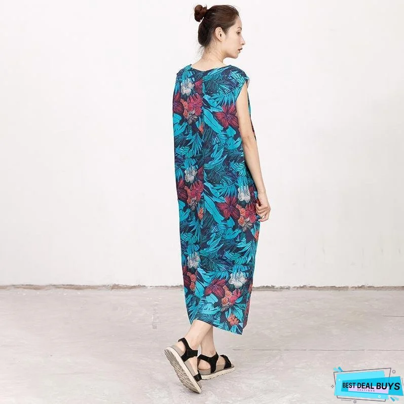 Summer Coloured Printed Round Neck Sleeveless Dress For Women