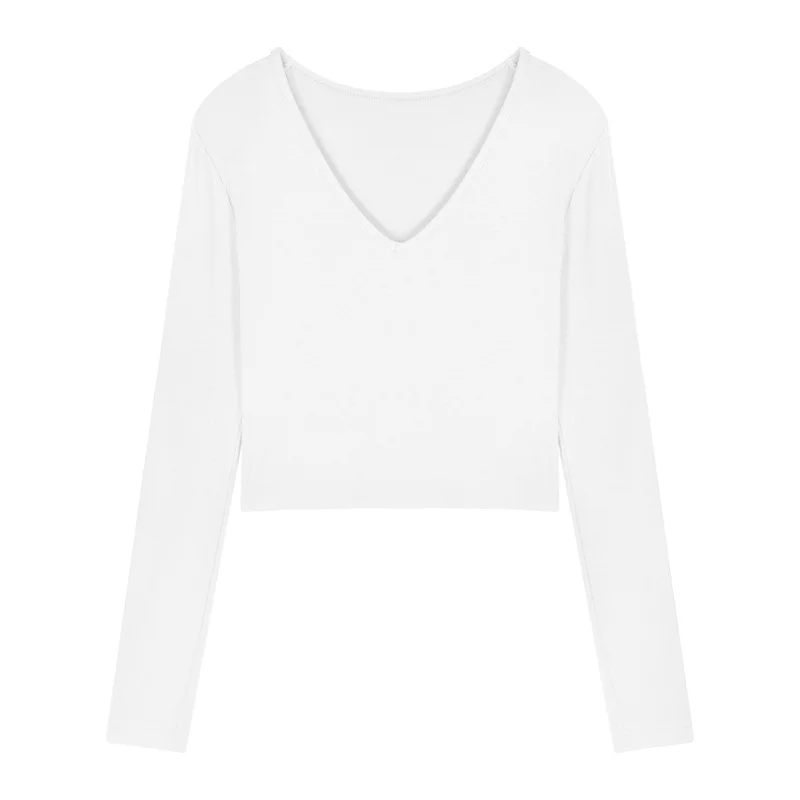 Uveng Uveng Women's Short Slim Long Sleeve With Bottom Shirt Autumn 2024 New Sexy V-Neck Collarbone Student Top Female
