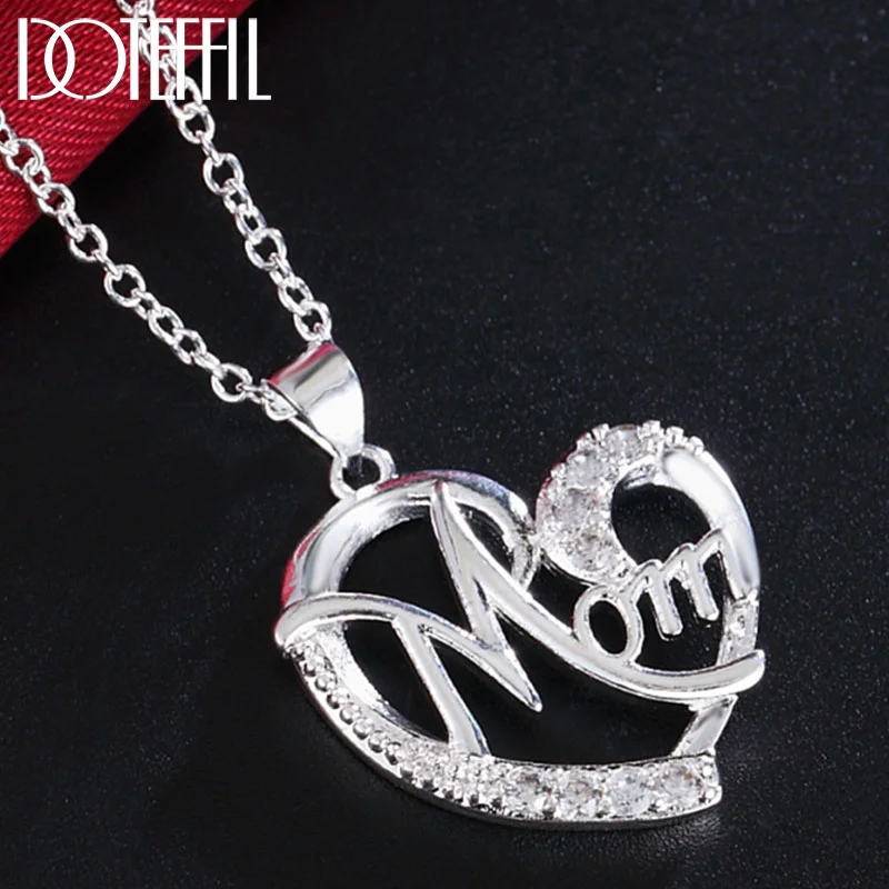 DOTEFFIL 925 Sterling Silver 18 Inch Chain Mom AAA Zircon Heart Pendant Necklace For Women Jewelry