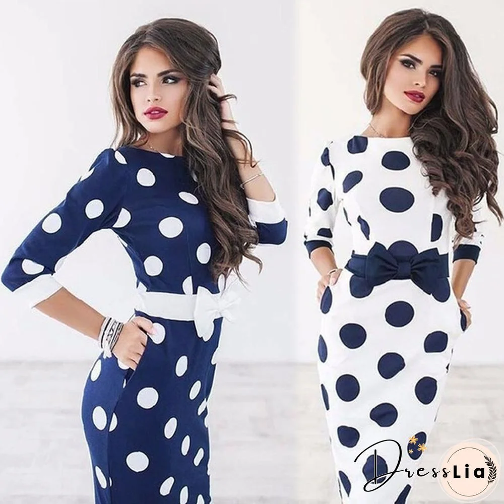 Elegant Women's Fashion Bow Bodycon Shift Pencil Party Dresses Formal Polka Dot Slim Dress