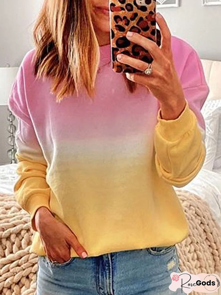 Pink Cotton-Blend Casual Long Sleeve Women's Gradient Print Sweatshirt