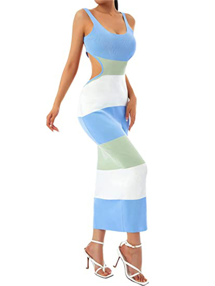 Ootddress Women Stripe Knitted Backless Sexy Bodycon Dress Bandage Contrast Color Spaghetti Strap Long Dresses Party Beach Summer