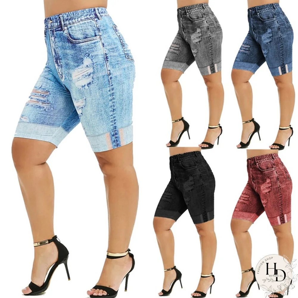 Plus Size Mini Leggings Faux Denim Pants Women Ladies Fashion Shorts Ripped Skinny Jean Print