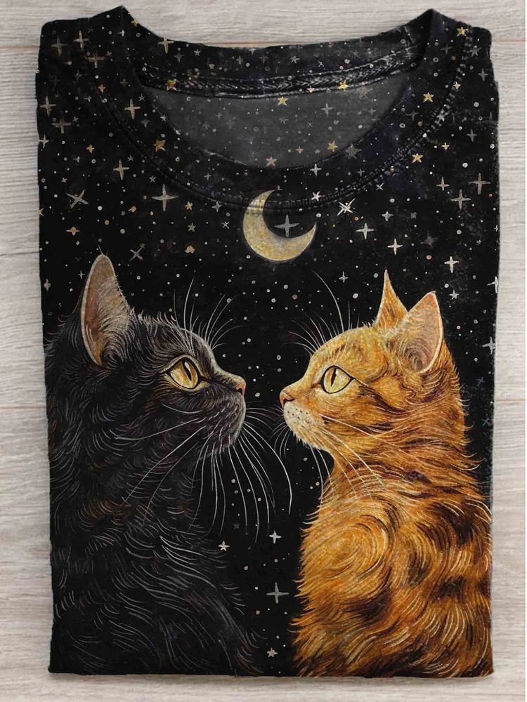 Vintage Cut Cat Print Casual T-shirt