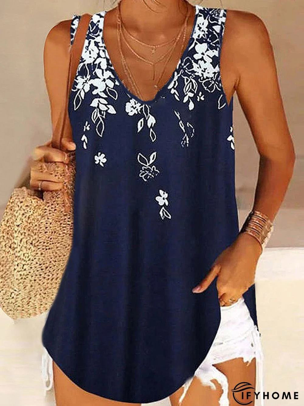 Women's Casual Daily Holiday Tank Tunic Top Camis Floral Sleeveless Patchwork Print Round andV Neck Casual Beach Tunic Top Navy Blue | IFYHOME