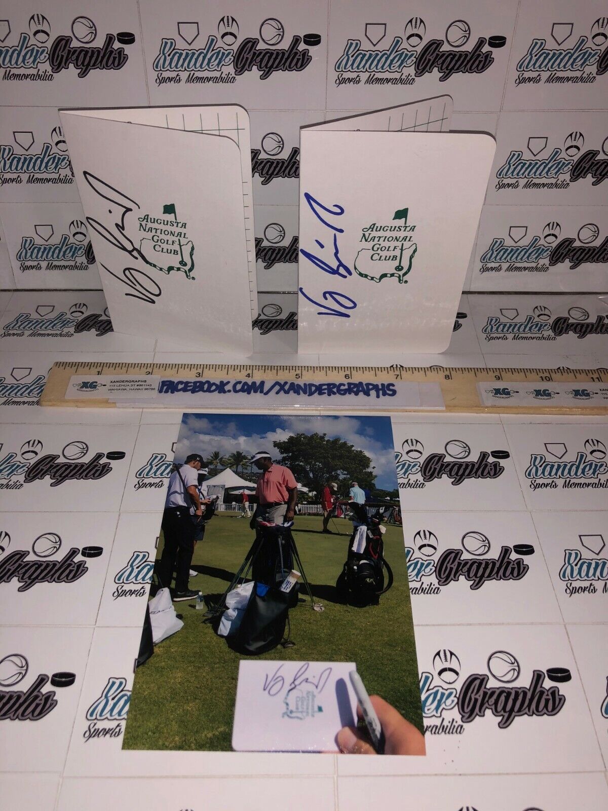 VIJAY SINGH SIGNED AUTOGRAPHED MASTERS SCORE CARD LOT (2) BLACK BLUE-PROOF Photo Poster painting