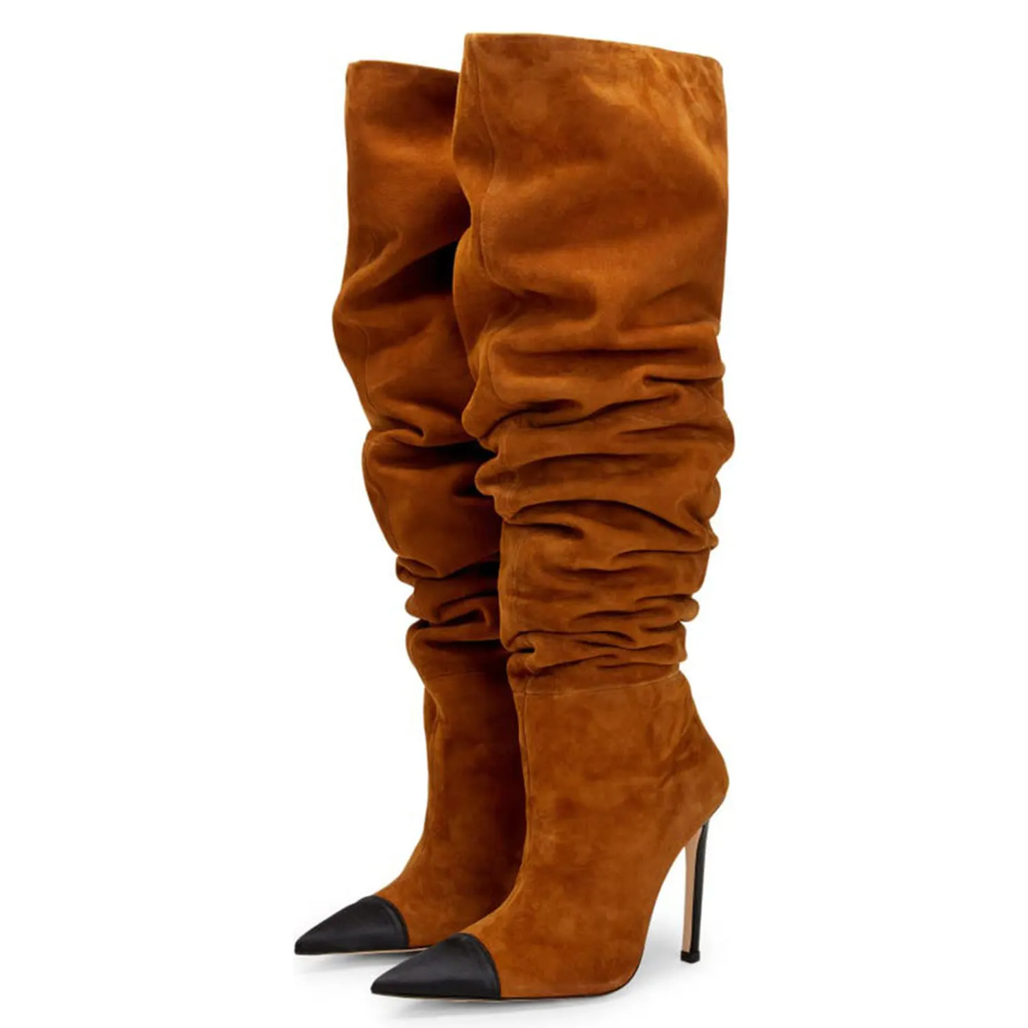 Faux Suede Black Cap Toe Brown Knee-High Boots with Stiletto Heel