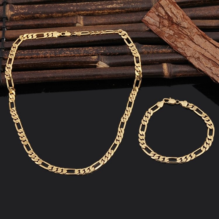 24k Fashion Jewelry Trendy Gold  7MM Wide Chain Brazil Bracelet Necklace Set
