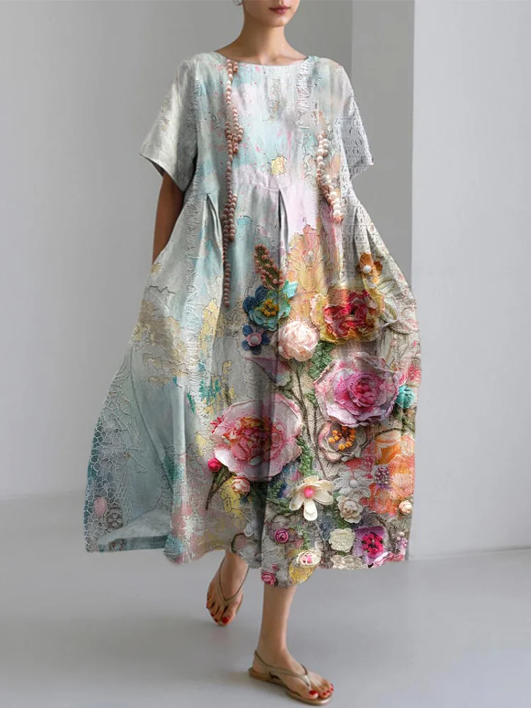 Comstylish Vintage Floral Print Cotton Linen Casual Dress
