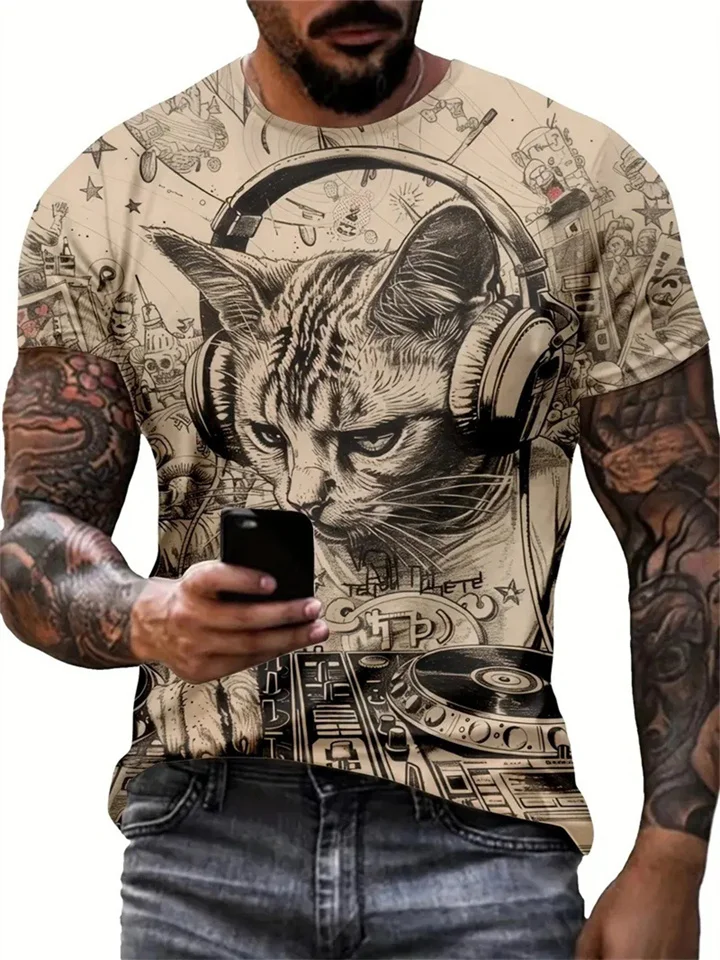 Casual Cartoon Animal 3D Print Summer Men's T-shirt with Round Neck and Short Sleeves-JRSEE
